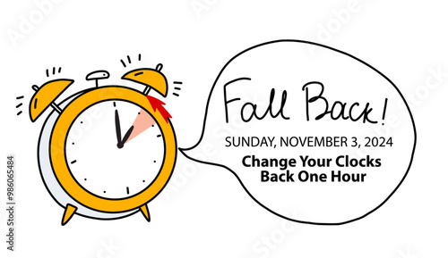 Fall Backward. Turn Clocks Back one hour schedule with reminder text with date November 3, 2024. Vector illustration in funny doodle style. Daylight Savings Time
