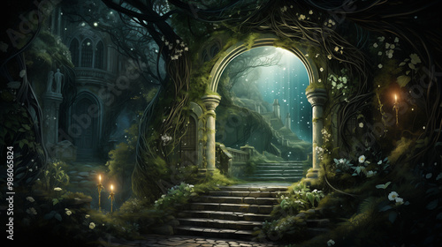 A mystical archway surrounded by lush greenery and soft light invites exploration into magical realm. enchanting scene features winding stairs, delicate flowers, and glowing candles.