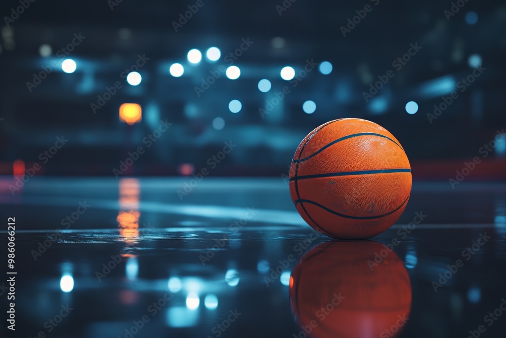 Clean Orange Basketball on Court in Arena at Night, AI generated illustration Clean Orange Basketball on Court in Arena at Night, AI generated illustration
