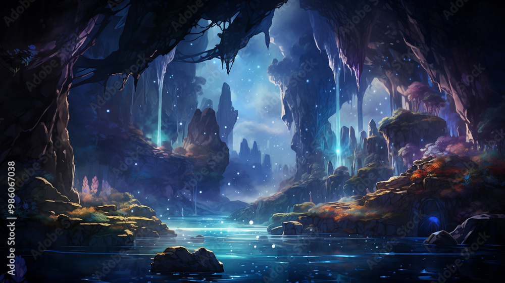 A mystical cave landscape featuring glowing crystals and serene waters, surrounded by towering rock formations and lush vegetation. A mystical cave landscape featuring glowing crystals and serene waters, surrounded by towering rock formations and lush vegetation.