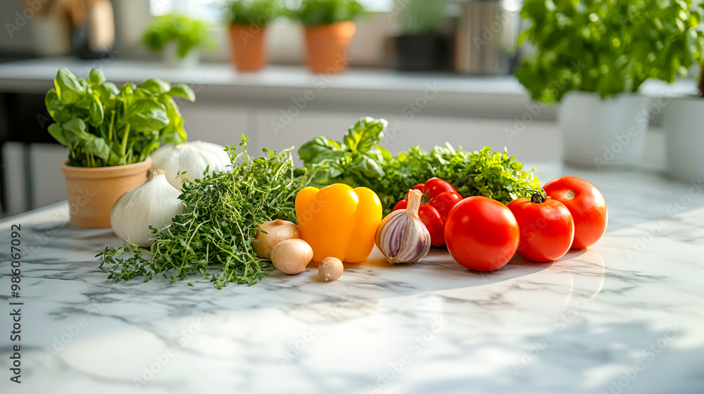 Fresh Vegetables and Herbs on a Marble Kitchen Counter Fresh Vegetables and Herbs on a Marble Kitchen Counter