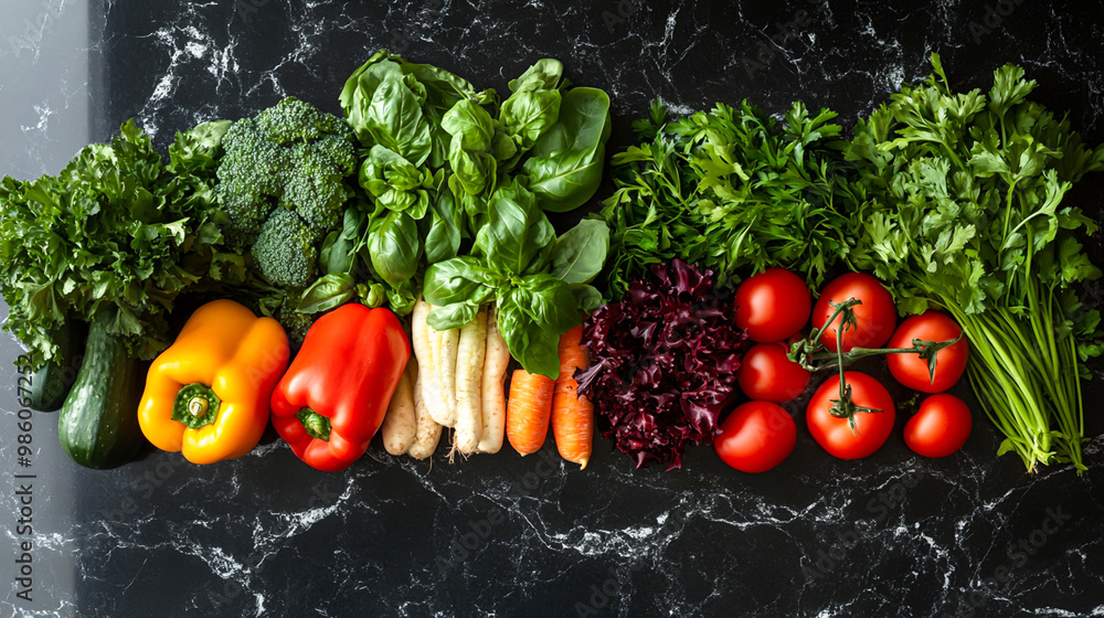 Fresh Vegetables on Dark Marble Background Fresh Vegetables on Dark Marble Background