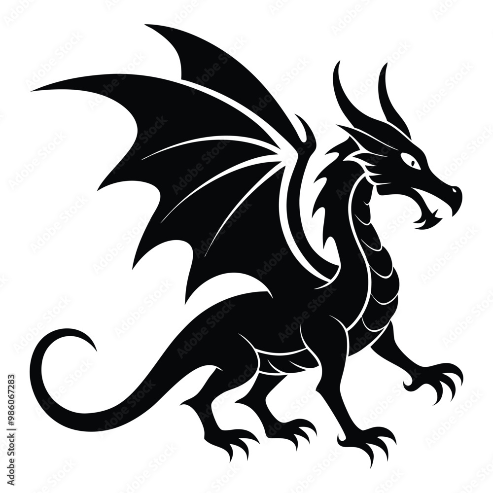 Black Silhouette of a Fierce Dragon with Wings Spread Black Silhouette of a Fierce Dragon with Wings Spread
