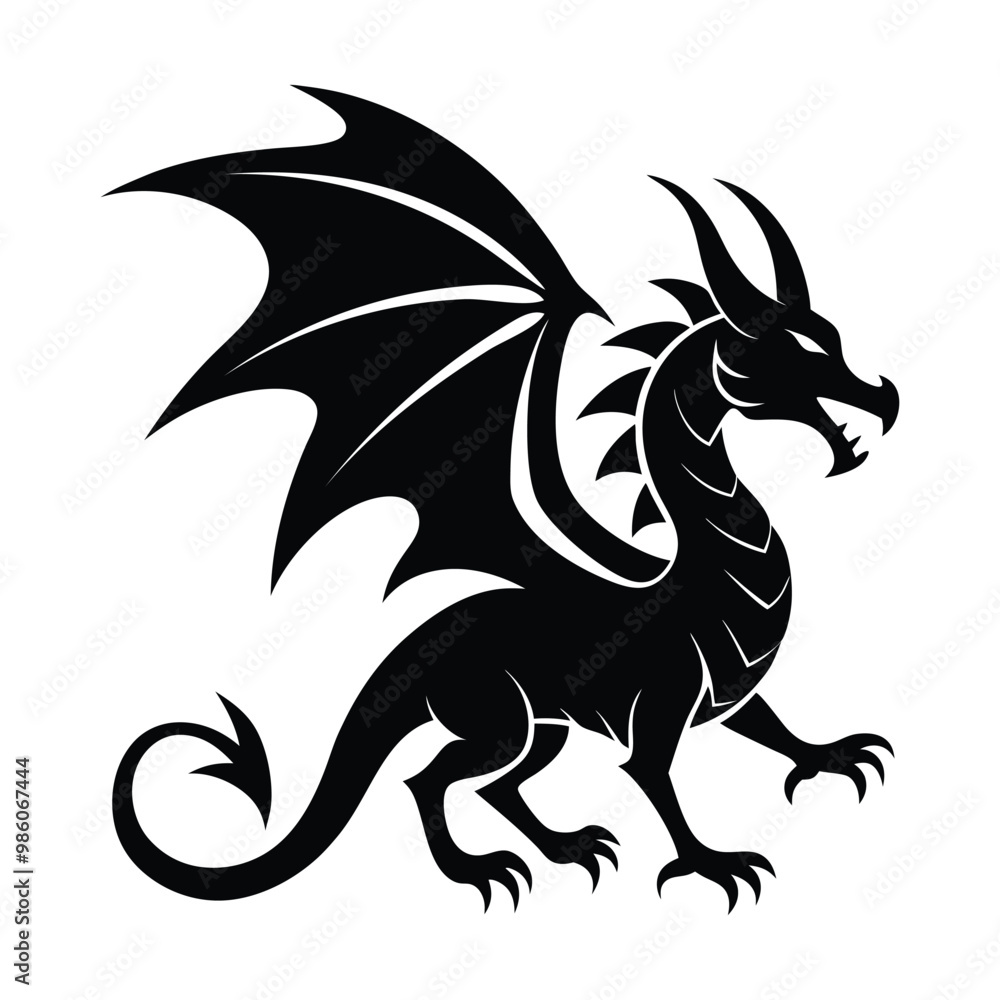Black Silhouette of a Fierce Dragon with Wings Spread Black Silhouette of a Fierce Dragon with Wings Spread