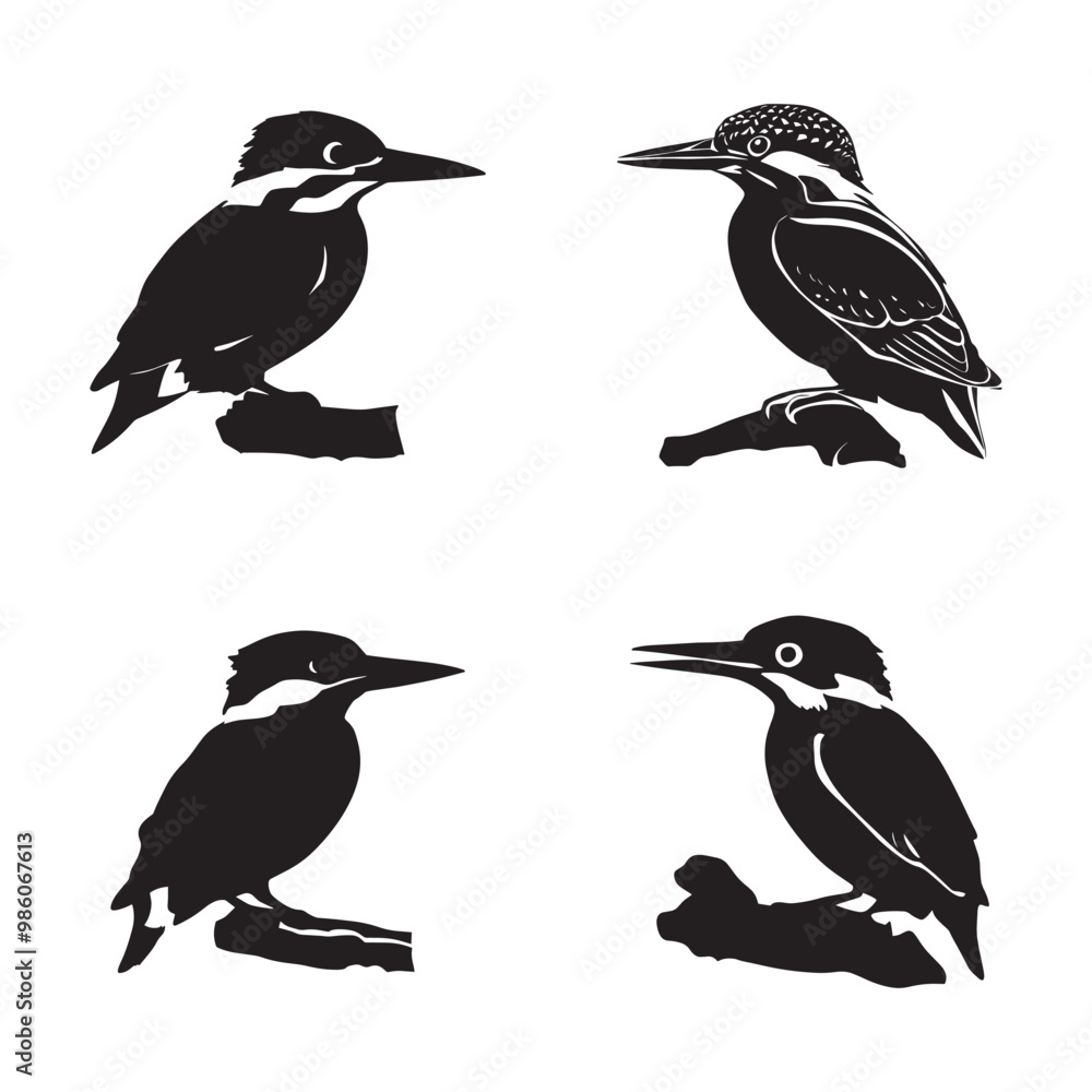 Obraz premium Kingfisher silhouette set black color vector illustration