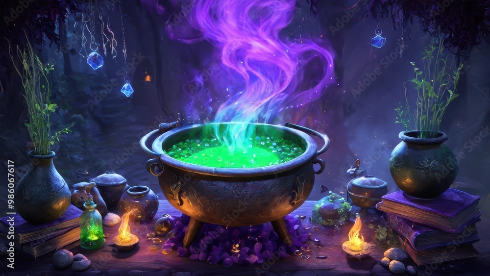In a hidden witch's workshop, potions glow on shelves, while a cauldron boils with purple magic, casting a mysterious glow on the stone floor In a hidden witch's workshop, potions glow on shelves, while a cauldron boils with purple magic, casting a mysterious glow on the stone floor