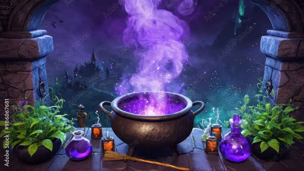 A cauldron bubbling with purple magic sits in a mystical alchemy lab, surrounded by glowing potions, herbs, and magical tools under the moonlit sky A cauldron bubbling with purple magic sits in a mystical alchemy lab, surrounded by glowing potions, herbs, and magical tools under the moonlit sky