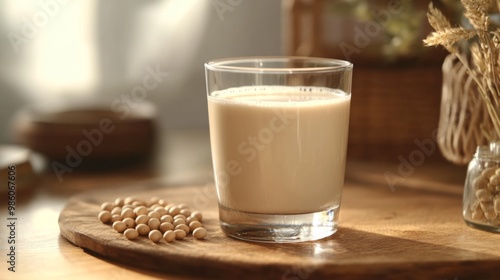 A detailed shot of a glass of freshly made soybean milk with a few soybeans in the background, emphasizing the smooth texture and natural color.