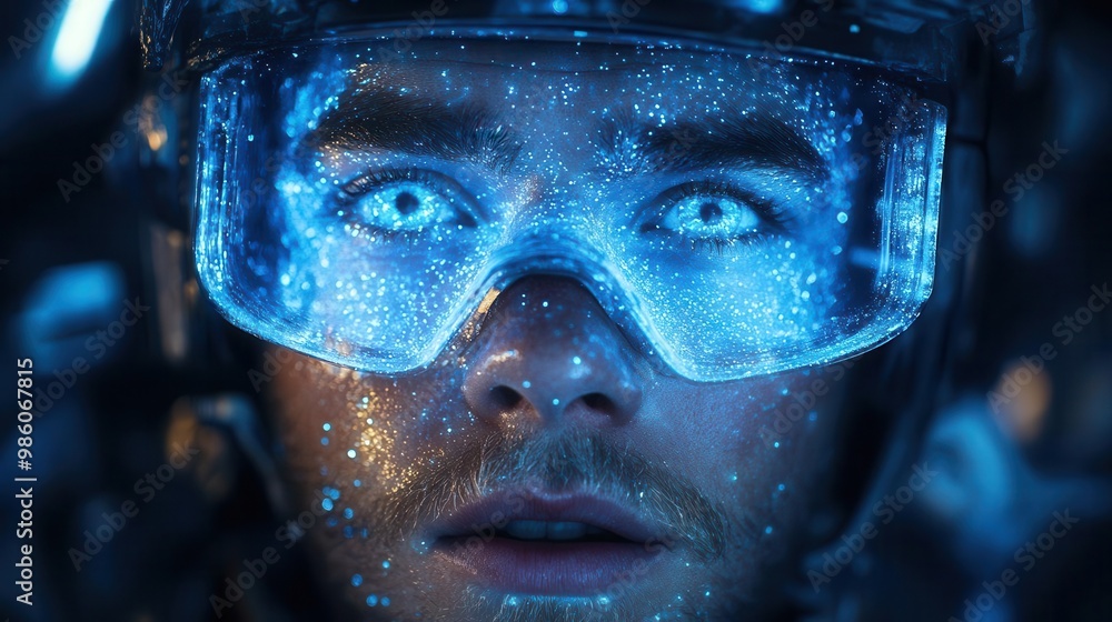rugged miner emerging from a glowing cobalt mine face illuminated by bioluminescent minerals futuristic mining equipment in background rugged miner emerging from a glowing cobalt mine face illuminated by bioluminescent minerals futuristic mining equipment in background