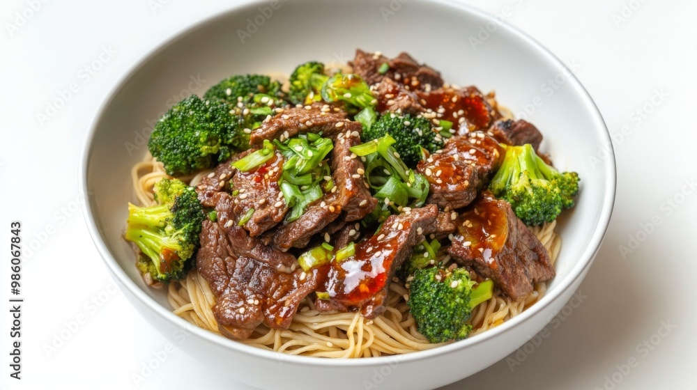 A detailed shot of a noodle dish featuring beef, broccoli, and a flavorful sauce, served in a white bowl and presented against a minimalist white backdrop. A detailed shot of a noodle dish featuring beef, broccoli, and a flavorful sauce, served in a white bowl and presented against a minimalist white backdrop.