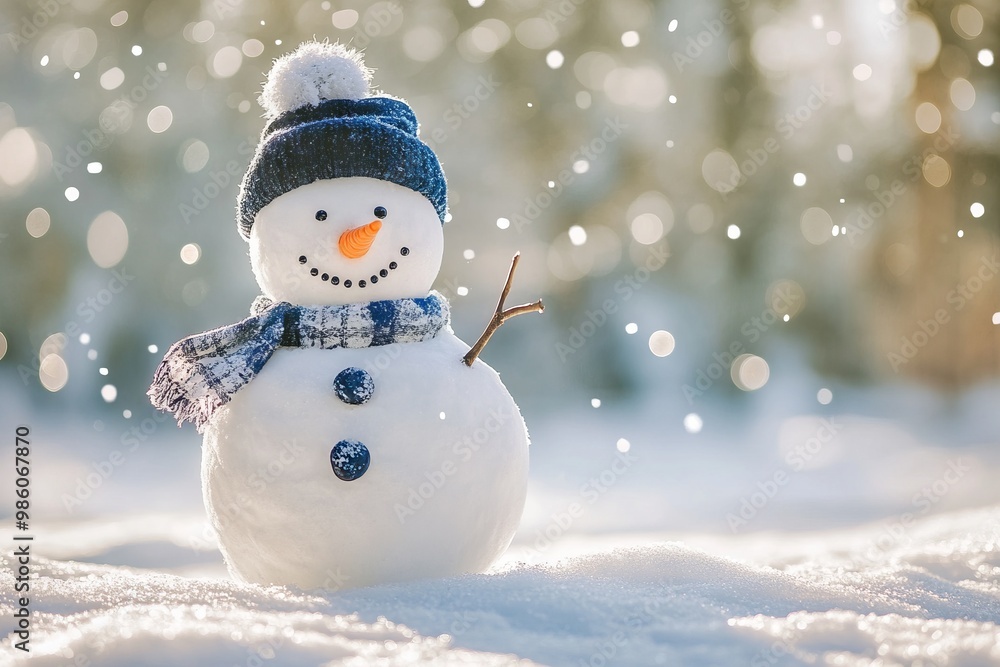 Cute Little Snowman Smiling on the Snow, AI generated illustration Cute Little Snowman Smiling on the Snow, AI generated illustration