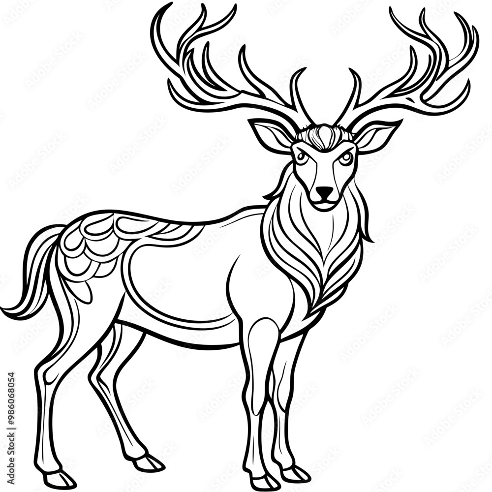Graceful Deer with Flowing Antlers Elegant Line Art Vector Graceful Deer with Flowing Antlers Elegant Line Art Vector