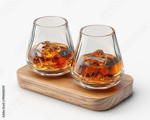 Elegant whisky glasses with ice on a wooden tray, perfect for a sophisticated drink experience. photo