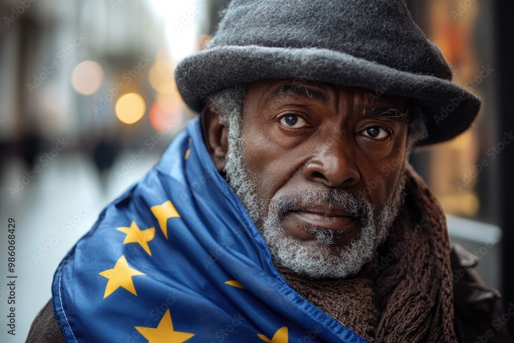 Portrait of Elderly Man Draped in EU Flag, Symbolizing Unity and Diversity - Suitable for Editorial Use Portrait of Elderly Man Draped in EU Flag, Symbolizing Unity and Diversity - Suitable for Editorial Use