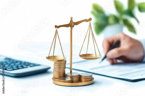 Golden scales of justice balanced on top of stacked coins with a person filling out financial documents in the background.