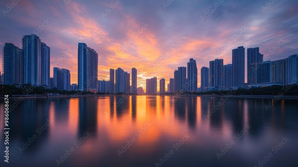 A dramatic dawn view of high-rise buildings along a river, with early morning light casting long shadows and soft reflections on the water, evoking a calm and inspiring atmosphere. A dramatic dawn view of high-rise buildings along a river, with early morning light casting long shadows and soft reflections on the water, evoking a calm and inspiring atmosphere.