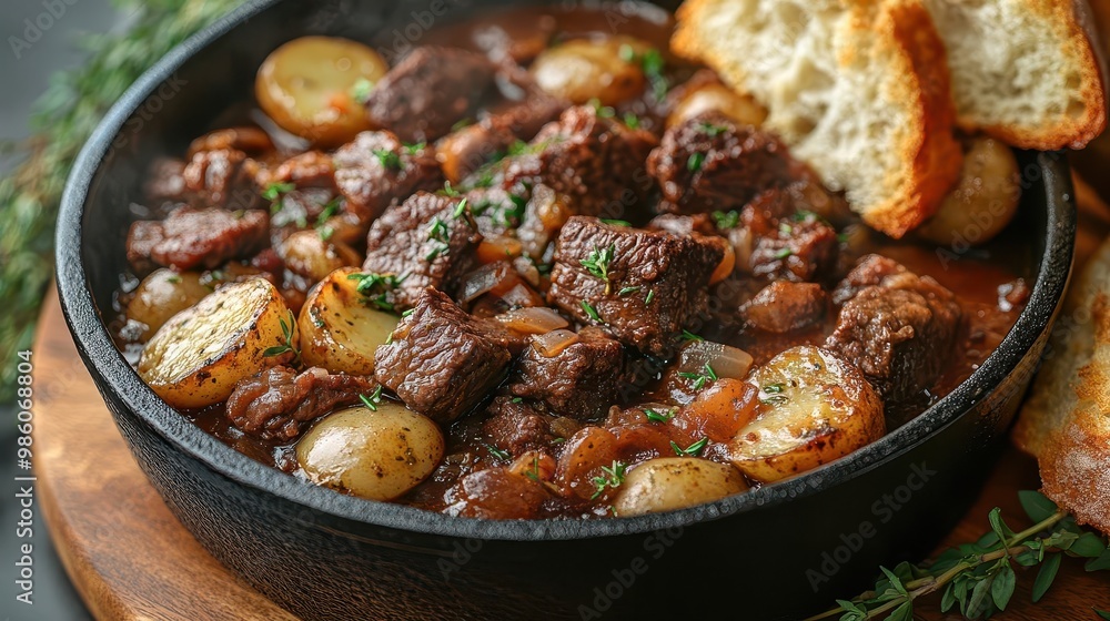 rustic cast iron pot filled with rich steaming beef bourguignon crusty artisanal bread on side warm inviting composition showcasing comforting french cuisine rustic cast iron pot filled with rich steaming beef bourguignon crusty artisanal bread on side warm inviting composition showcasing comforting french cuisine