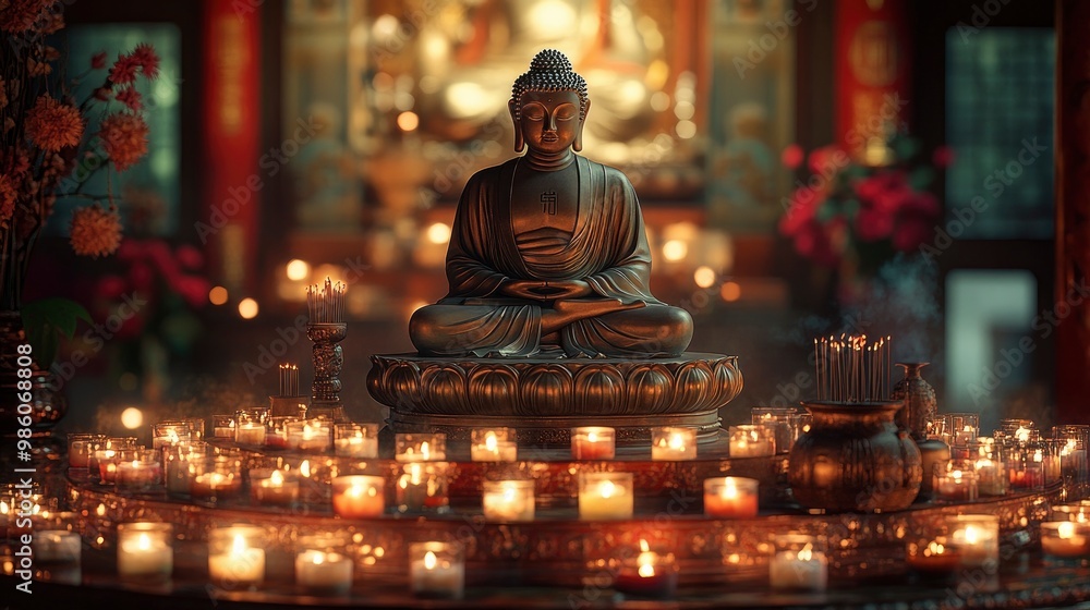 A traditional Buddhist shrine featuring a seated Buddha statue surrounded by candles and incense burners. The soft, warm light from the candles creates a serene and spiritual ambiance, illuminating A traditional Buddhist shrine featuring a seated Buddha statue surrounded by candles and incense burners. The soft, warm light from the candles creates a serene and spiritual ambiance, illuminating