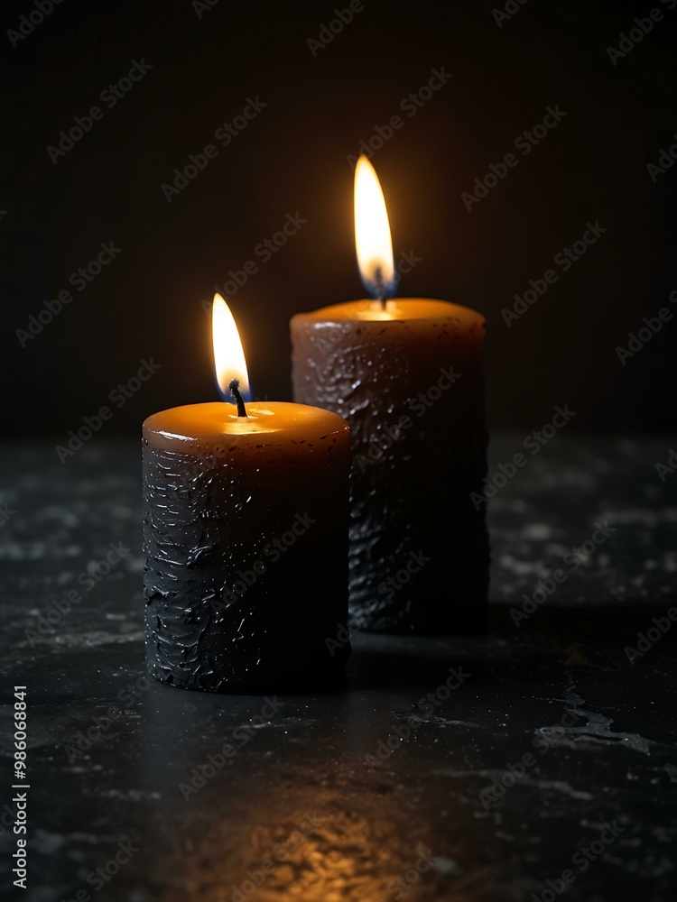Two candles on a black stone surface against darkness. Two candles on a black stone surface against darkness.