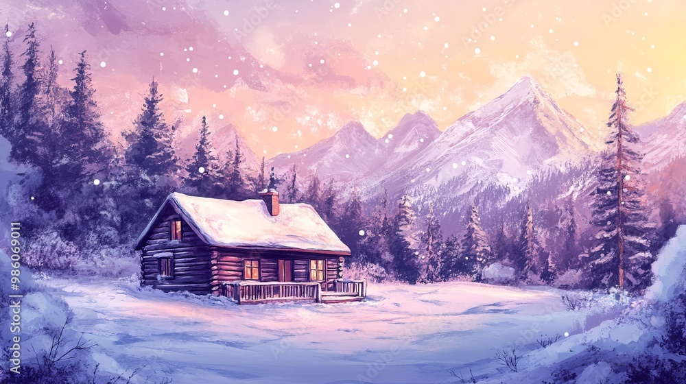 Hand-Drawn Illustration of a Cozy Winter Cabin in the Mountains, Pastel Tones, AI generated illustration Hand-Drawn Illustration of a Cozy Winter Cabin in the Mountains, Pastel Tones, AI generated illustration