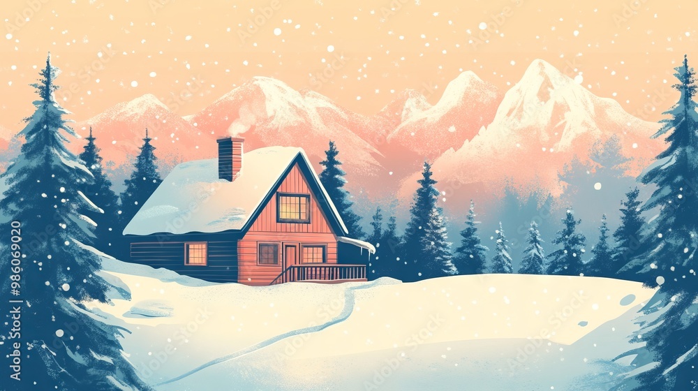 Hand-Drawn Illustration of a Cozy Winter Cabin in the Mountains, Pastel Tones, AI generated illustration Hand-Drawn Illustration of a Cozy Winter Cabin in the Mountains, Pastel Tones, AI generated illustration
