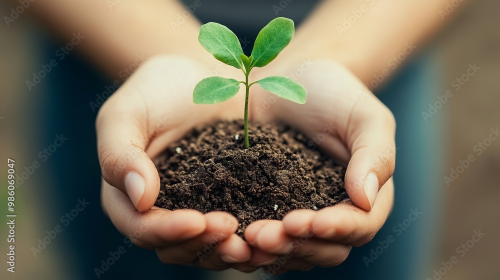 Hands Holding a Small Plant Growing Out of Soil, Symbolizing Ecology and Sustainability, AI generated illustration Hands Holding a Small Plant Growing Out of Soil, Symbolizing Ecology and Sustainability, AI generated illustration