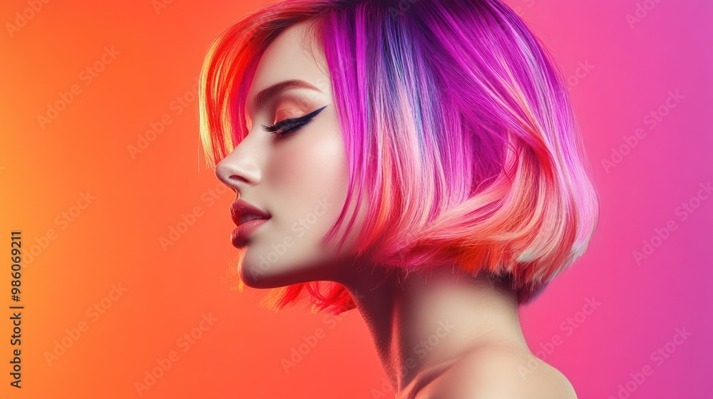 Portrait of a young woman with pink and orange hair in profile, against a vibrant orange and pink background. Portrait of a young woman with pink and orange hair in profile, against a vibrant orange and pink background.