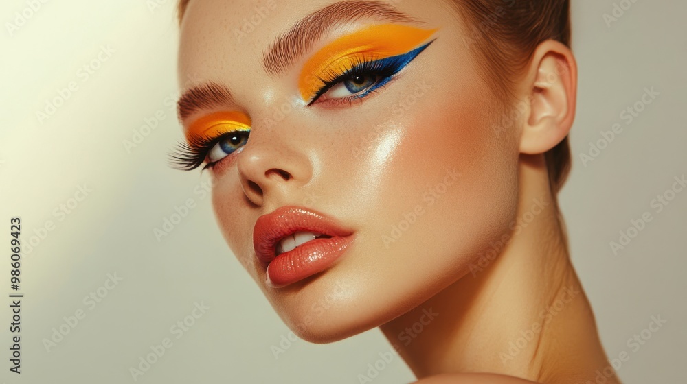 Close-up portrait of a woman with bold yellow and blue eyeshadow. Close-up portrait of a woman with bold yellow and blue eyeshadow.