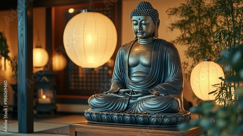 An elegant bronze Buddha figure with an elaborate robe, placed on a polished wooden stand in a traditional Japanese-style room. The soft, diffused light from paper lanterns creates a warm, inviting photo