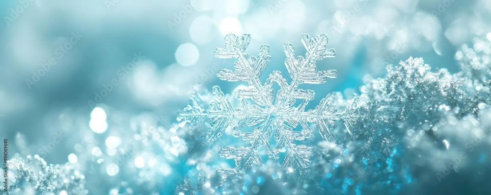 A close-up view of a delicate snowflake resting on frost, showcasing intricate patterns and a shimmering icy background. A close-up view of a delicate snowflake resting on frost, showcasing intricate patterns and a shimmering icy background.