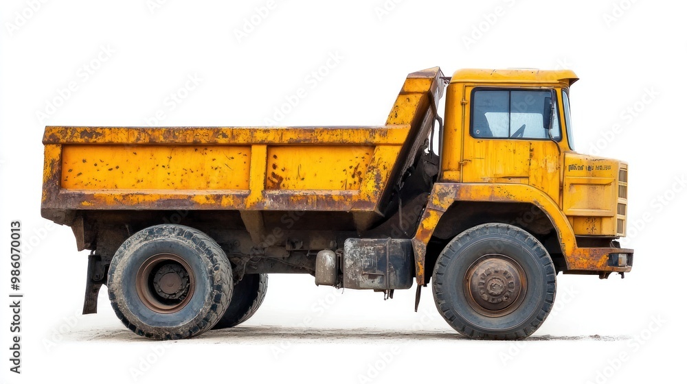 A yellow dump truck with a white background. A yellow dump truck with a white background.