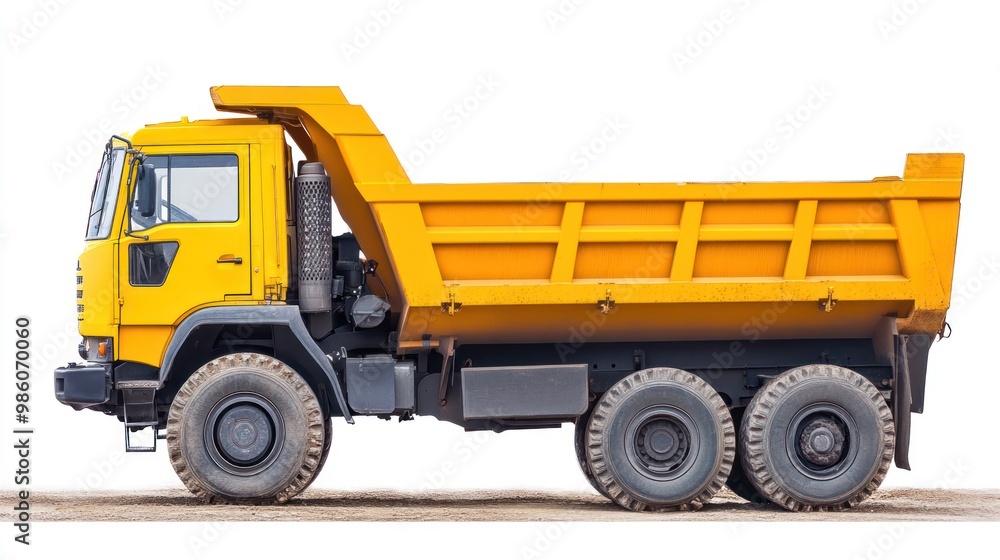 Side view of a yellow dump truck on a white background. Side view of a yellow dump truck on a white background.