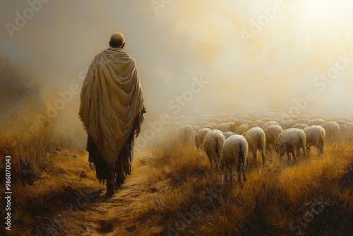 A man in a long robe walks away from the camera, following a flock of sheep through tall grass on a foggy day photo