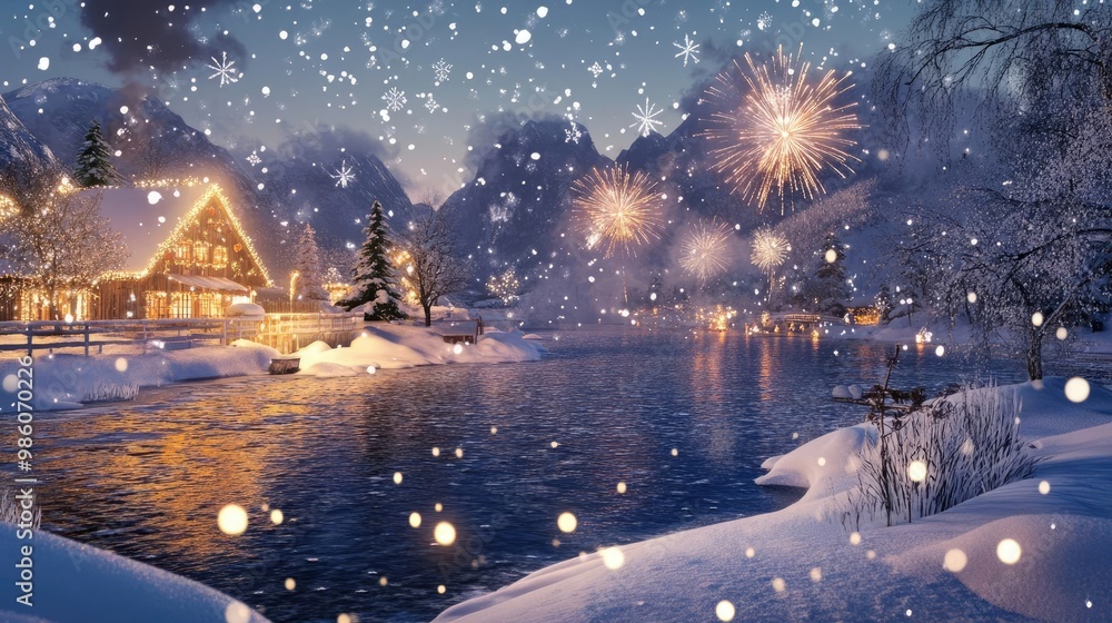 A serene winter scene with falling snow, soft lights, and a peaceful river reflecting festive cheer in a snowy landscape. A serene winter scene with falling snow, soft lights, and a peaceful river reflecting festive cheer in a snowy landscape.