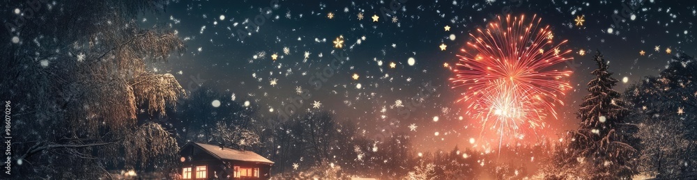 A serene winter scene with falling snow, a cozy cabin, and vibrant fireworks illuminating a peaceful night sky. A serene winter scene with falling snow, a cozy cabin, and vibrant fireworks illuminating a peaceful night sky.
