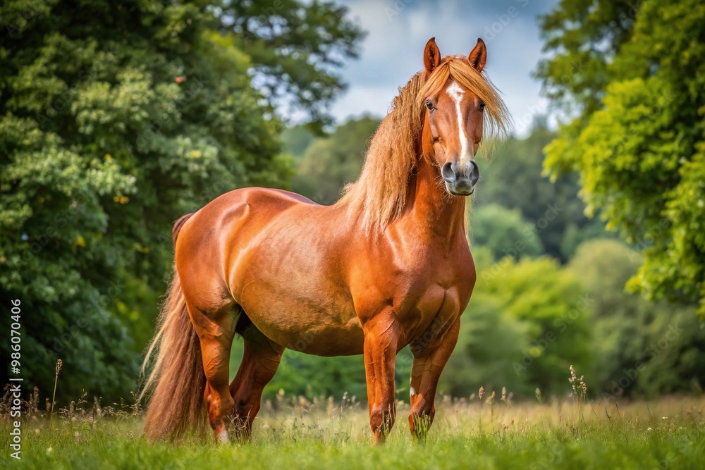 Majestic Suffolk Punch horse stands strong in its natural habitat, embodying the breed's beauty and strength, with powerful muscles and a graceful presence in serene surroundings.