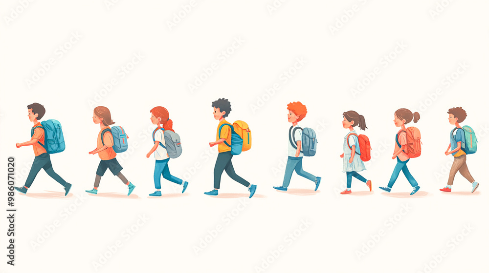 Children Walking with Backpacks in a Straight Line Children Walking with Backpacks in a Straight Line