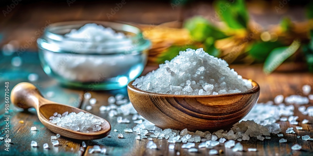 Fototapeta premium Salt embodies purity, preservation, and life, artistically arranged in a still life, where its crystalline beauty enhances the natural harmony of the surrounding elements.