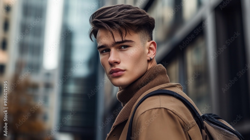 Portrait of a young man in a brown jacket looking over his shoulder at the camera with a city backdrop. Portrait of a young man in a brown jacket looking over his shoulder at the camera with a city backdrop.