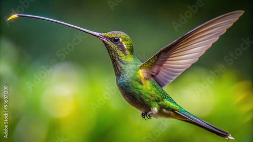 Sharp, iridescent feathers glisten in the sun as the sword-billed hummingbird holds its breath, its extraordinary beak stretching outwards like an upended sword. photo