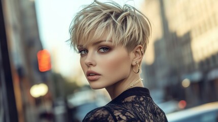 Deken met foto Kapsalon Vrouw met korte pixiecut in stedelijke omgeving  © Plaifah