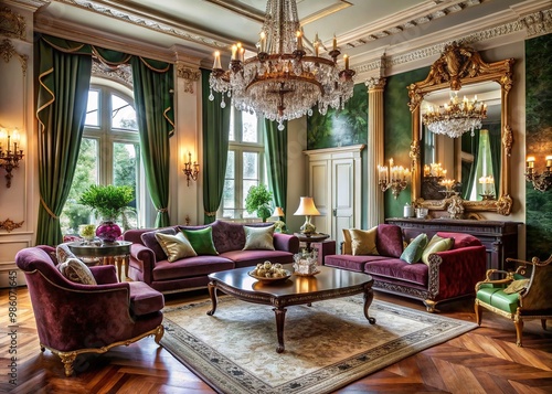 Soft velvet sofas and armchairs adorned with intricate patterns occupy a sumptuous space, illuminated by sparkling chandeliers and enhanced by antique trinkets and tapestries.