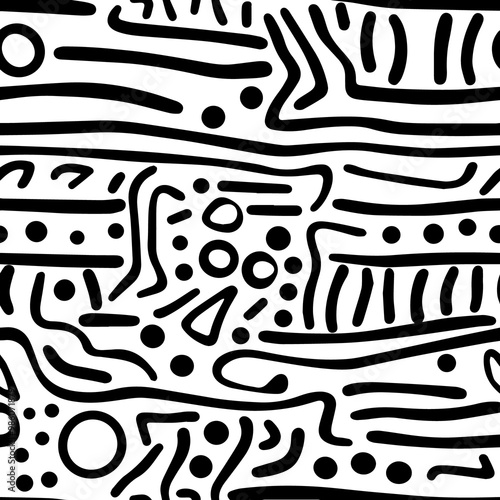 Black and white seamless pattern with doodle bold lines