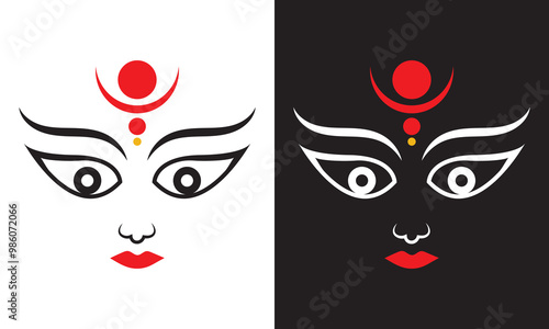 Lord Durga face vector icon. Lord Ambica eyes and tilak icon.  isolated on white and black background, Vector illustration. EPS 10 photo