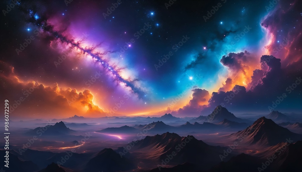 Stunning cosmic landscape featuring vibrant nebulae and celestial bodies against a mountainous horizon Stunning cosmic landscape featuring vibrant nebulae and celestial bodies against a mountainous horizon