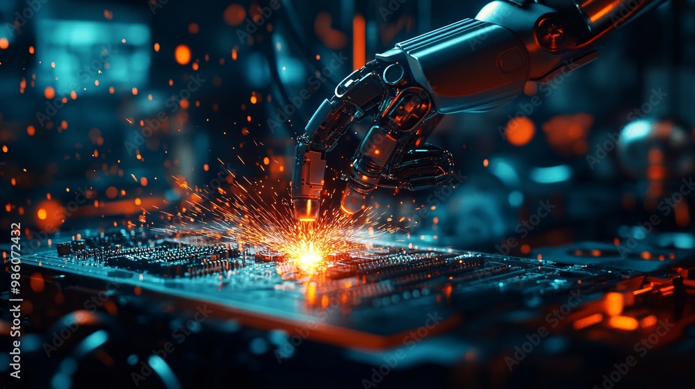 Precision Welding by Futuristic Robotic Arm: Sparking Innovation in Dark Industrial Setting Precision Welding by Futuristic Robotic Arm: Sparking Innovation in Dark Industrial Setting