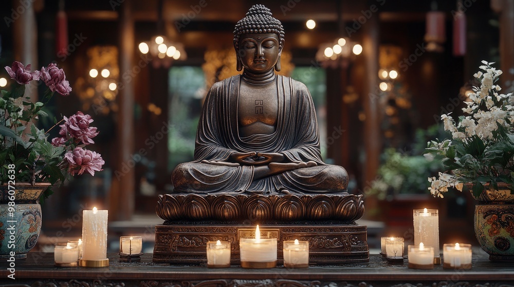 An intricately detailed bronze Buddha figure, placed on a rich, dark wood altar with traditional carvings. The soft, ambient light from nearby candles highlights the detailed textures and serene An intricately detailed bronze Buddha figure, placed on a rich, dark wood altar with traditional carvings. The soft, ambient light from nearby candles highlights the detailed textures and serene