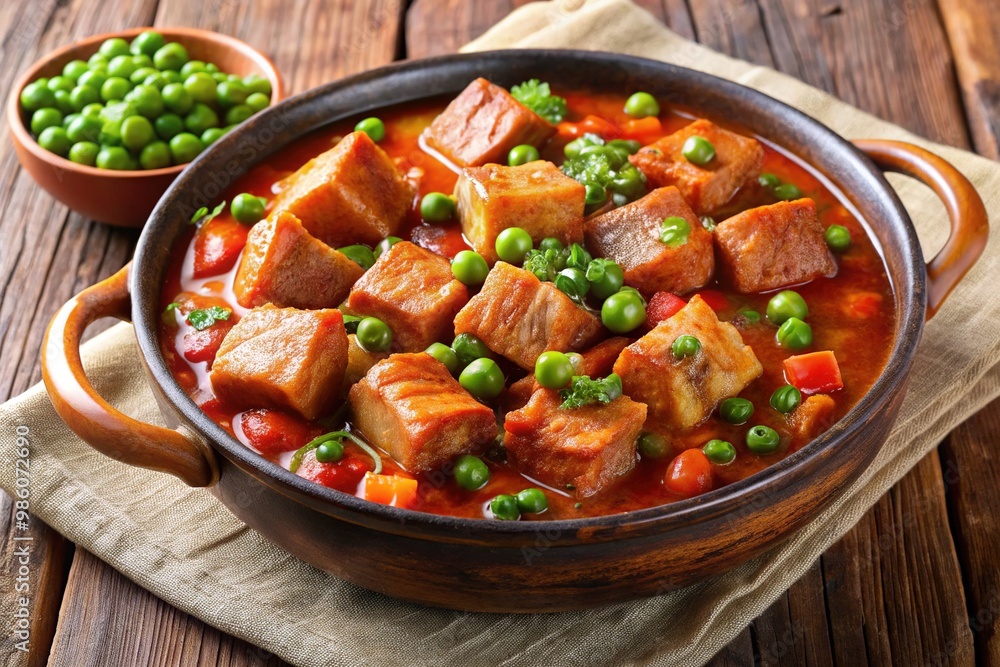 Tender pork belly cubes slow-cooked in a rich, spicy tomato sauce with tender peas and aromatic spices, served with crusty bread for dipping. Tender pork belly cubes slow-cooked in a rich, spicy tomato sauce with tender peas and aromatic spices, served with crusty bread for dipping.