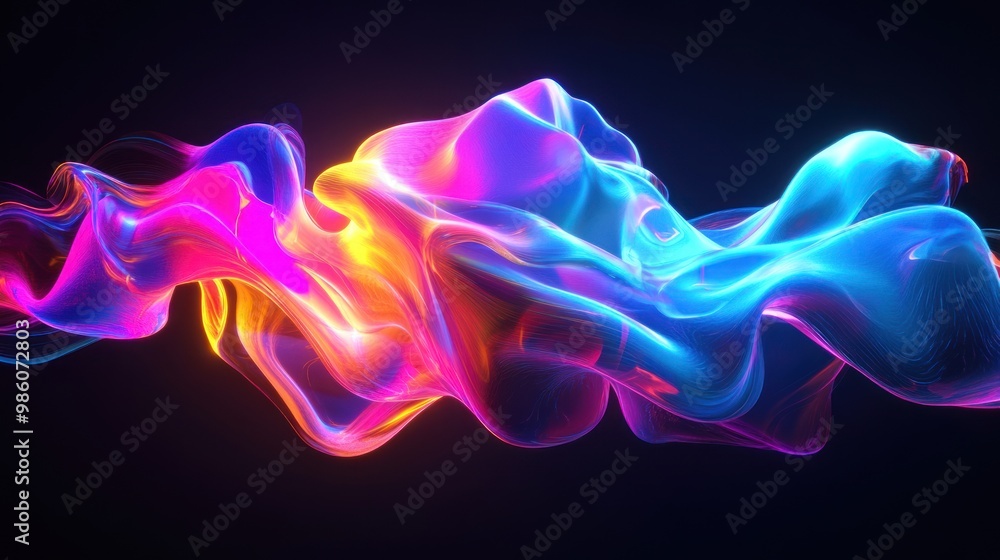 Abstract neon light shapes in blue, purple, and orange swirl on a black background. Abstract neon light shapes in blue, purple, and orange swirl on a black background.