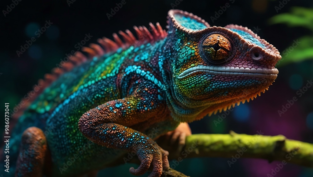 Vibrant chameleon with glowing scales in a neon jungle. Vibrant chameleon with glowing scales in a neon jungle.